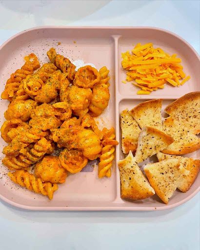 Cheesy Tomato Pasta with Garlic Bread Bites and Extra Sprinkles