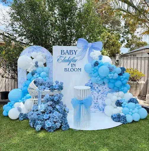 In Bloom: A Blue Floral Baby Shower Backdrop
