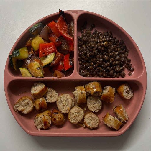 Mini Sausage Bites with Roasted Veggies and Lentils