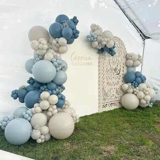 Personalized Dusty Blue and Neutral Balloon Display Back Drop