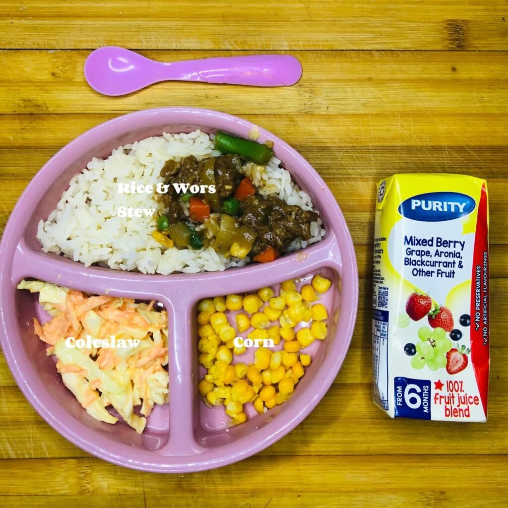 Mild Beef Stew with Rice, Sweetcorn, and Creamy Coleslaw
