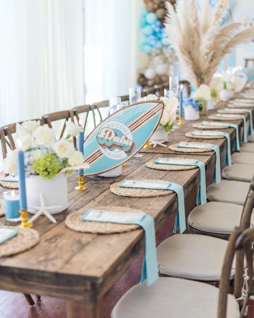 Riding the Wave of Elegance! A Stunning Surfboard Centerpiece for a Long Table