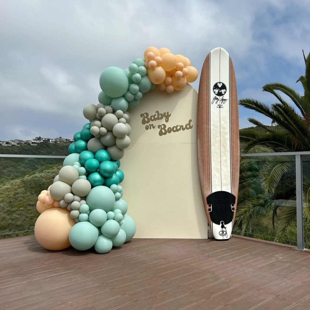 Surf's Up for Baby! A Stylish Photo Backdrop with Surfboard and Balloons